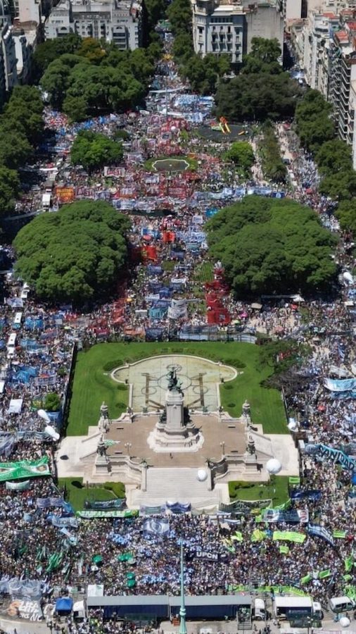 Aerial photo of the central plaza in Buenos Aires during the general strike showing a massive numbers of strikers gathered. 