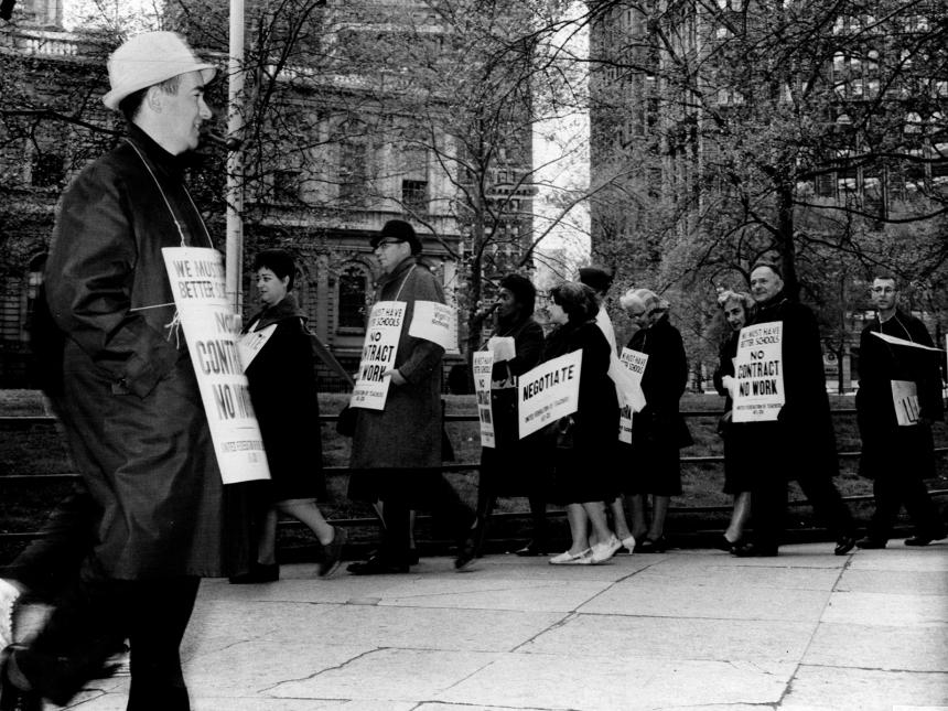 United Federation of Teachers in New York City picket for their first contract, in black and white