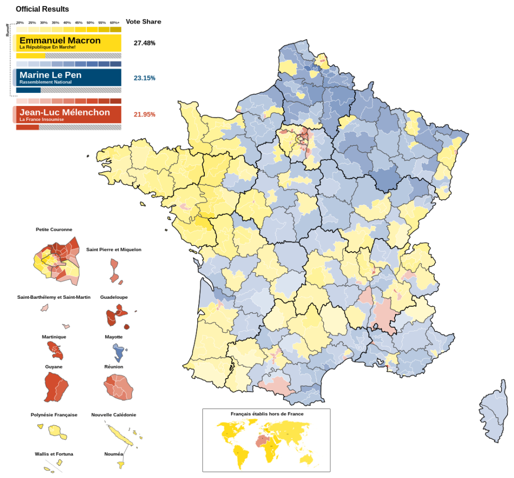 A map of the 2022 French presidential election first round, showing the candidate winning the largest share of the vote in each National Assembly constituency.