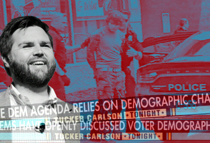 JD Vance overlaid on a picture of the Buffalo shooter and headlines about replacement theory