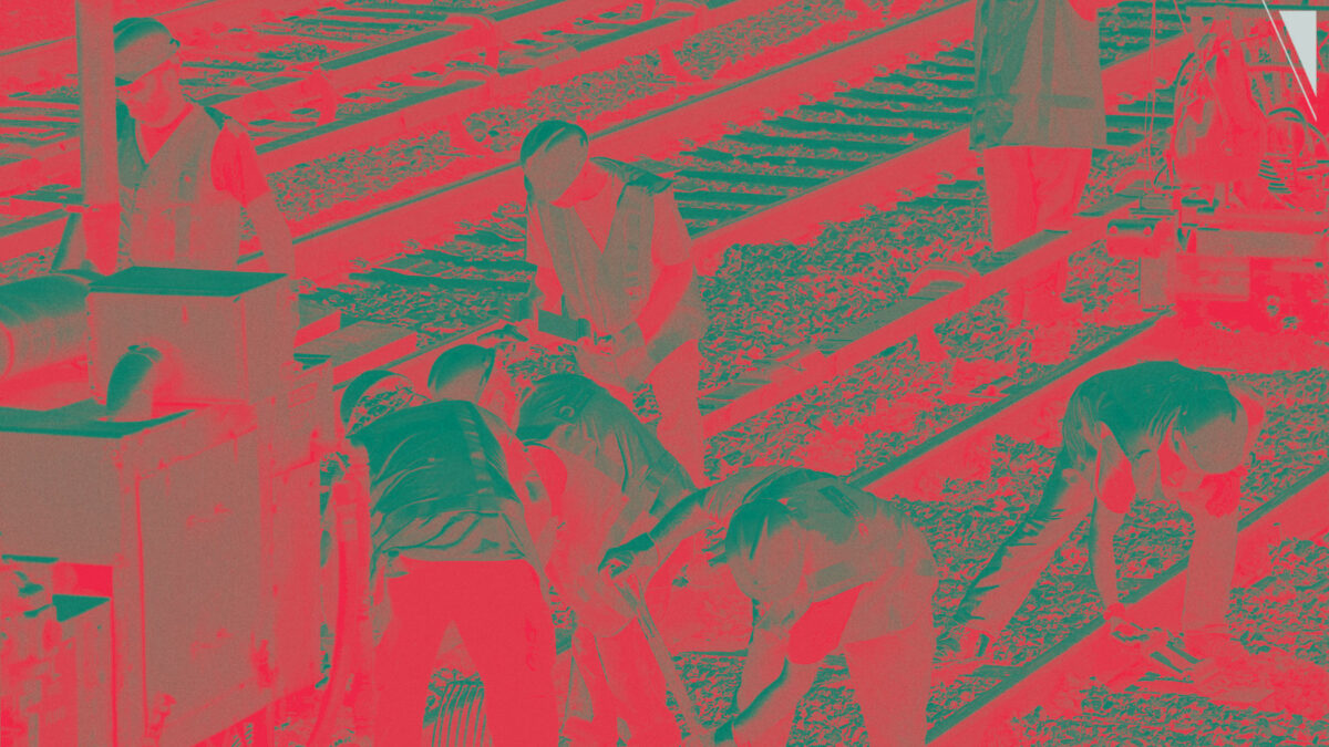 Stylized image of railway workers.