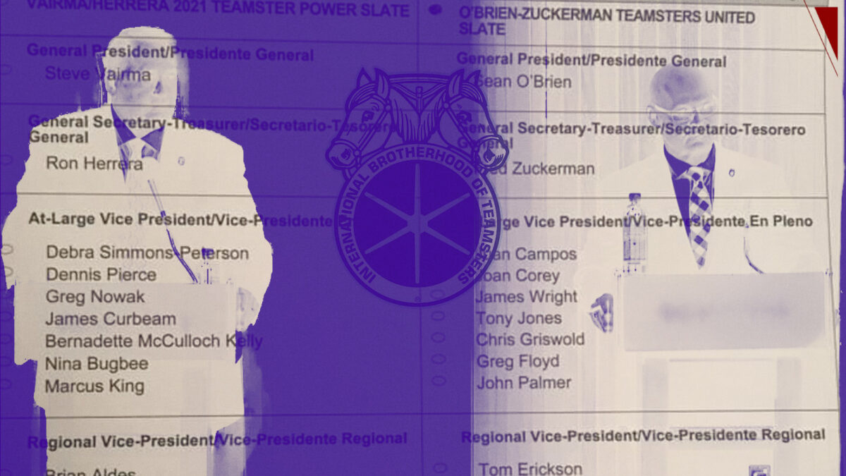 Image of Steve Vairma and Sean O'Brien debating overlaid on the 2021 Teamster ballot