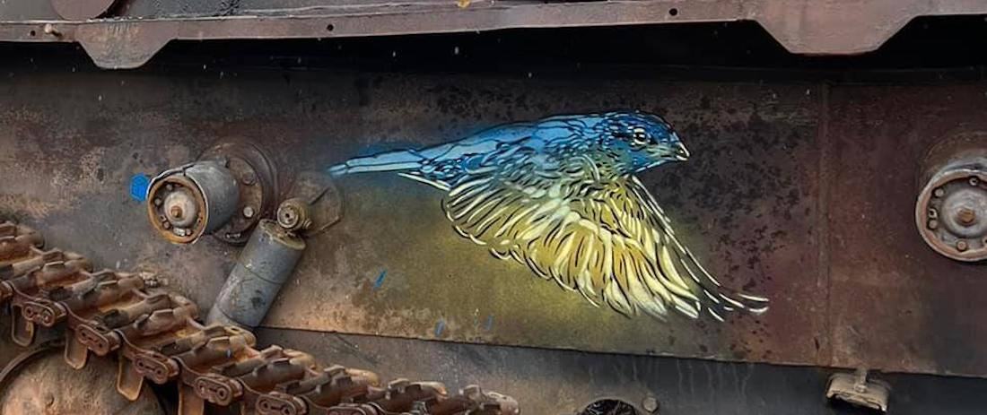 Decal of bird on a destroyed Russian tank.