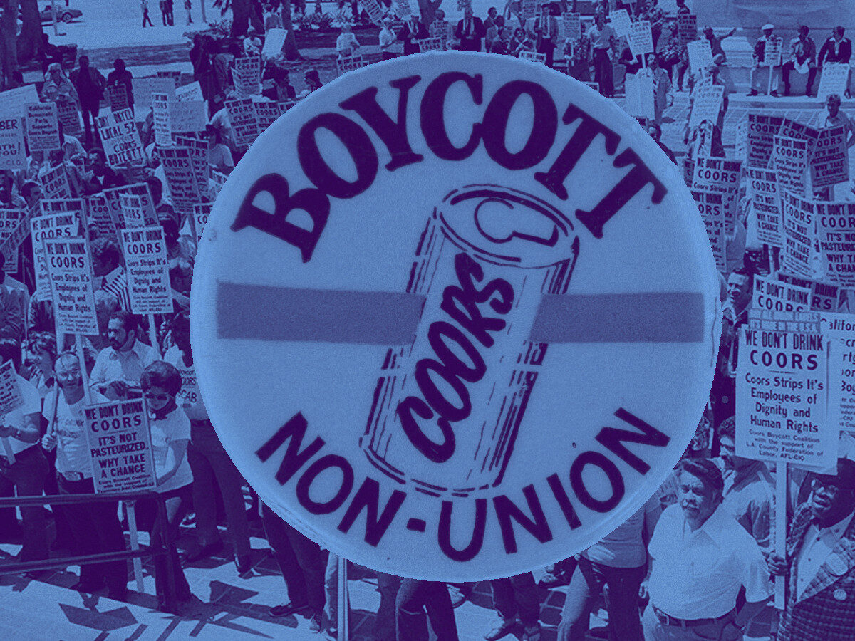 Image of LGBTQ activists rallied to boycott Coors Beer, with a "Boycott Coors Non-Union" button overlaid.