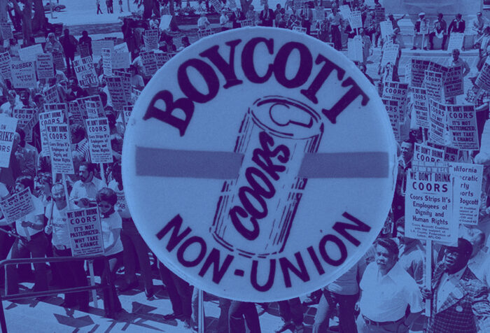 Image of LGBTQ activists rallied to boycott Coors Beer, with a "Boycott Coors Non-Union" button overlaid.