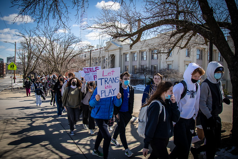 Students at Central Academy in Des Moines, Iowa protest an anti-trans bill