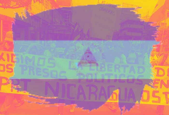 Nigaragua human rights commission art - flag overlaid on top of protest