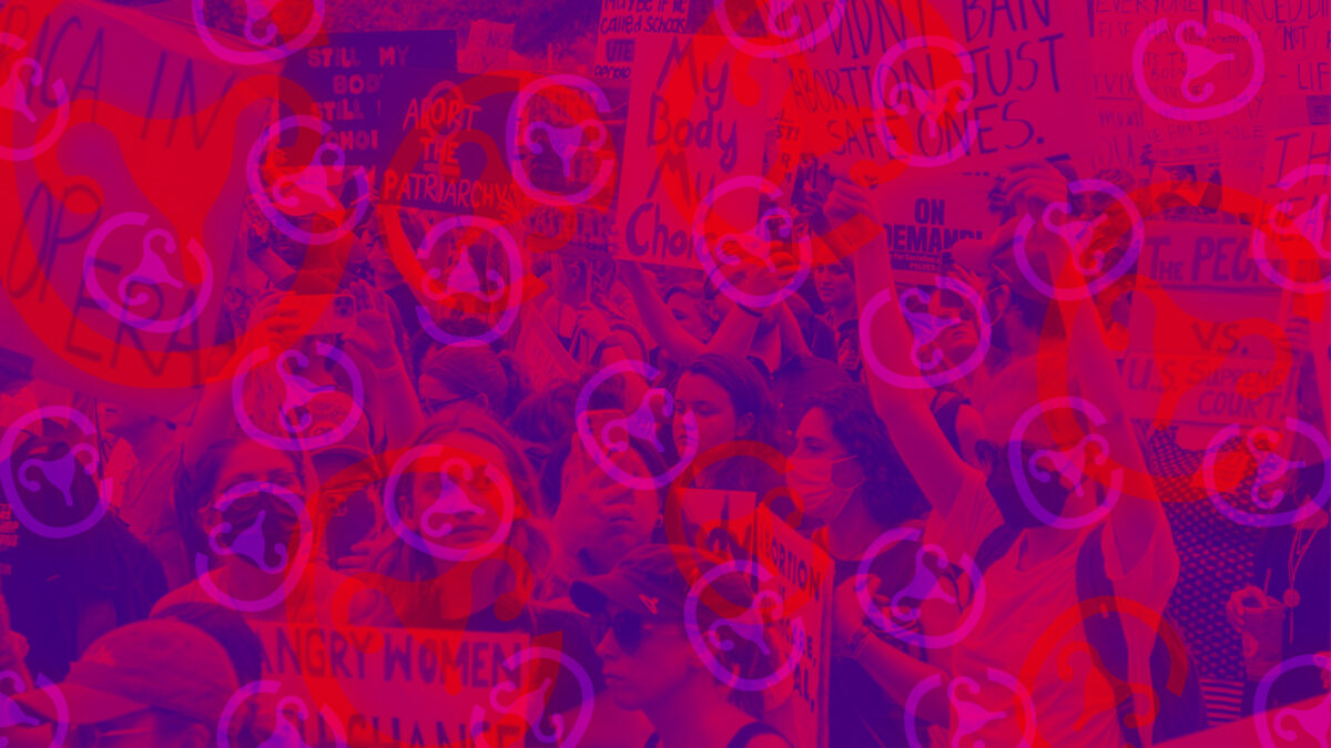 Image of women at a pro-choice rally with an overlay of uteruses