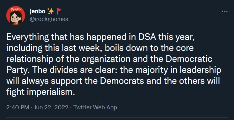 Tweet by jenbo on imperialism and the Democratic Party.