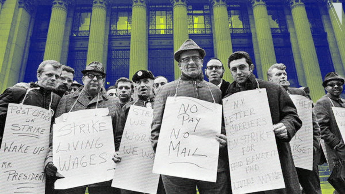 Stylized image of postal workers strike 1970s