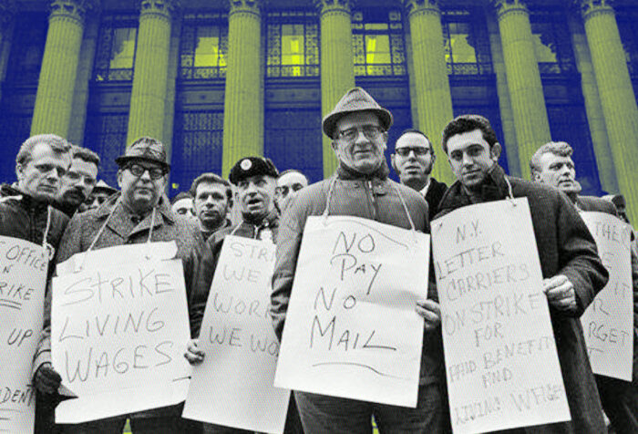 Stylized image of postal workers strike 1970s