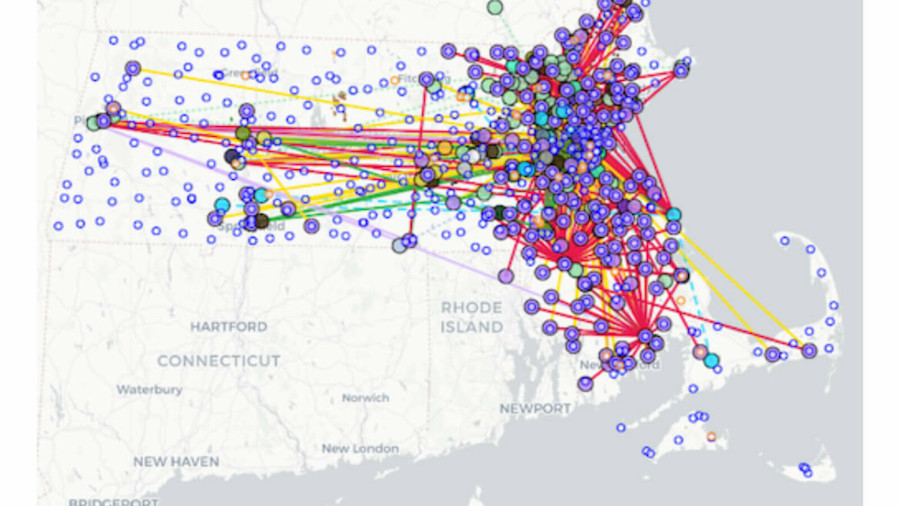 Map of Massachusetts with multi-colored dots marking locations on the map, and multicolor lines connecting the dots.