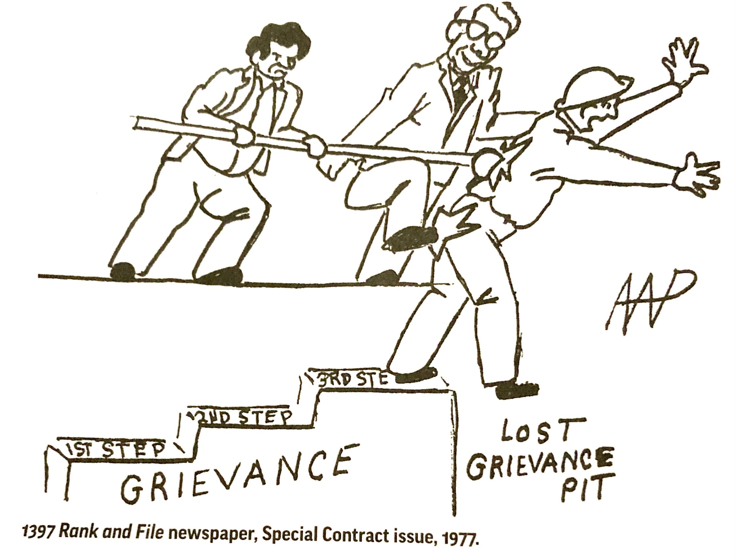 A political cartoon shows two men in suits pushing a steelworker off a third step symbolizing the ineffective grievance system that never seemed to resolve their issues.