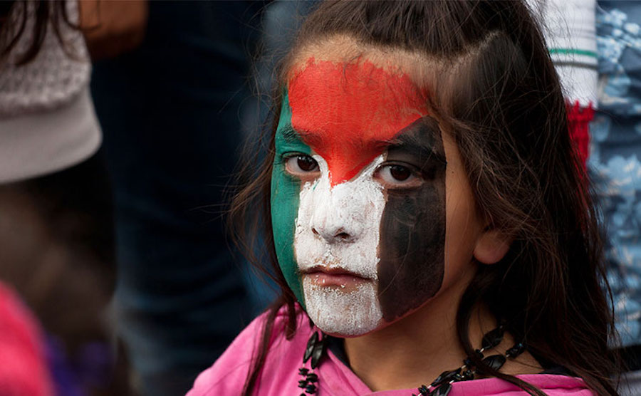 Young girl with face paint in color of Palestinian flag.