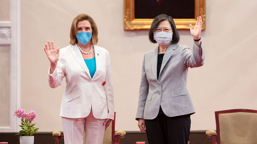 U.S. Speaker of the House of Representative Nancy Pelosi meeting with Taiwan’s President Tsai Ing-Wen in Taipai on August 3, 2022. Both are shown waving to the cameras.