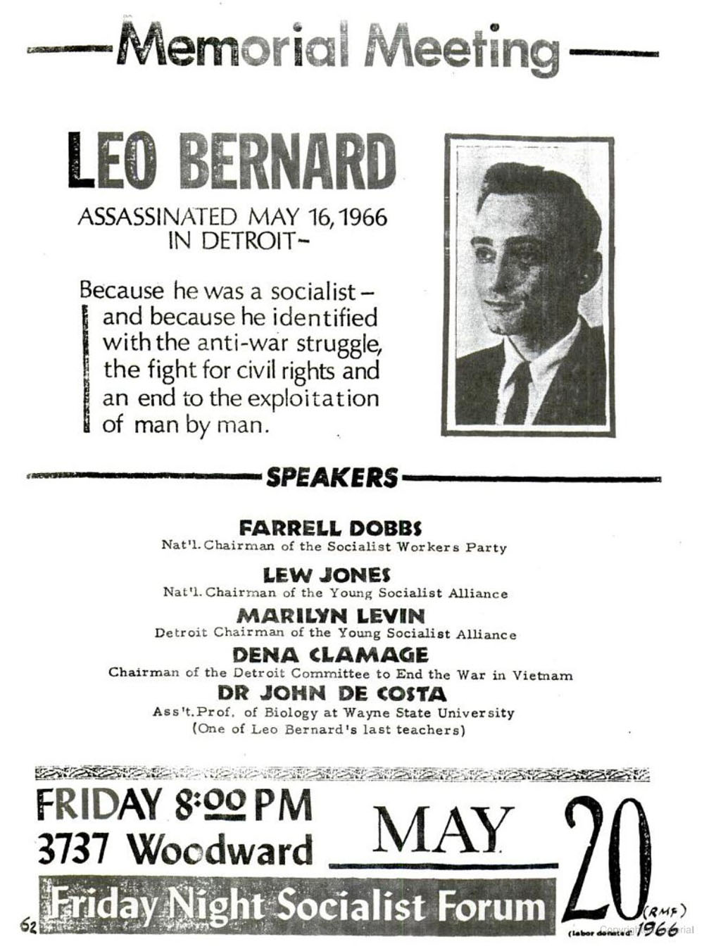 SWP poster for a Detroit memorial for Leo Bernard reading, "Because he was a socialist--and because he identified with the anti-war struggle, the fight for civil rights and the end of exploitation of man by man.