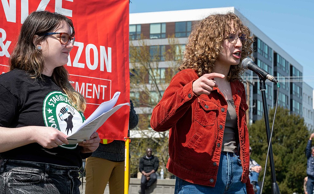 Starbucks workers rally in Seattle in April 2022.