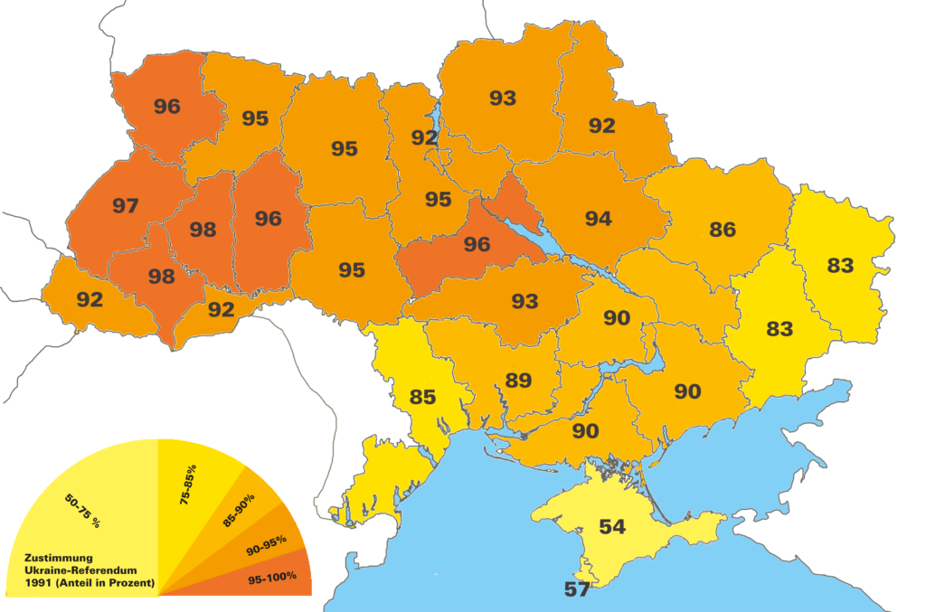Map showing percentage of voters in each Ukrainian oblast (region) voting for independence in the 1991 referendum which established the current Ukrainian state. 