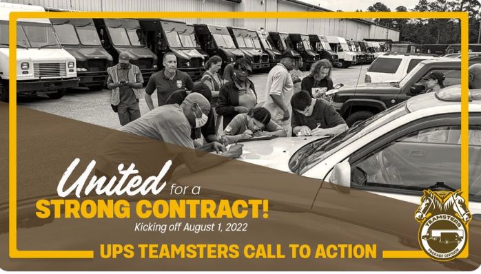 A black-and-white photo of eight workers leaning over the hood of a car signing a strike petition. The photo has a brown and yellow frame with text reading, "United for a Strong Contract! Kicking off August 1, 2022. UPS Teamsters Call to Action."