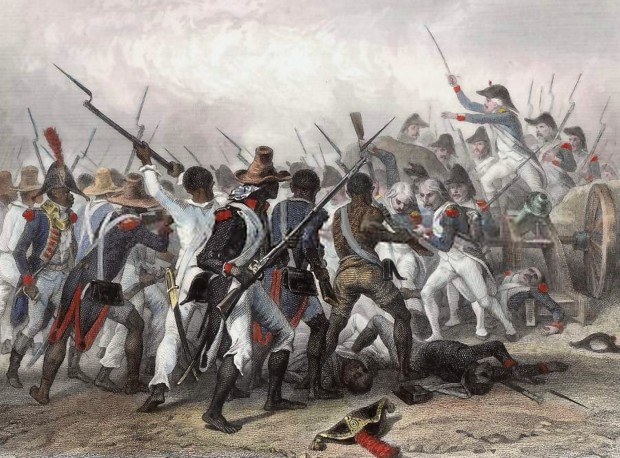 A painting shows a crowd of Black Haitian soldiers, with some dressed in white and others in military uniforms, brandishing guns with bayonets and battling white uniformed French soldiers, one of whom stands atop a wheeled cannon and some of whom lie dead on the ground with their helmets fallen beside them.