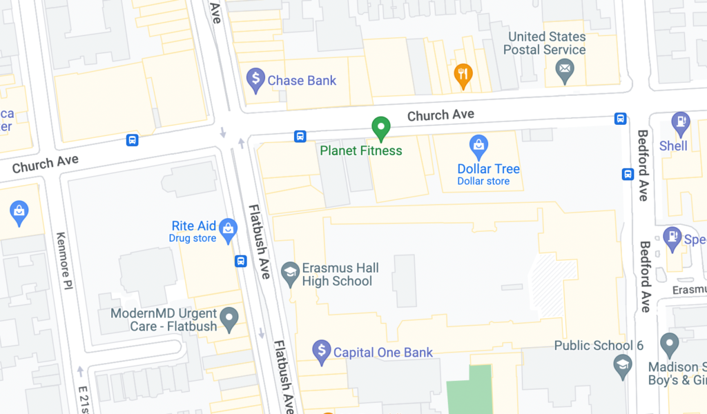  A Google Maps image shows the intersection between Bedord and Church Avenues to the east and Flatbush and Church Avenues, one block to the west. 