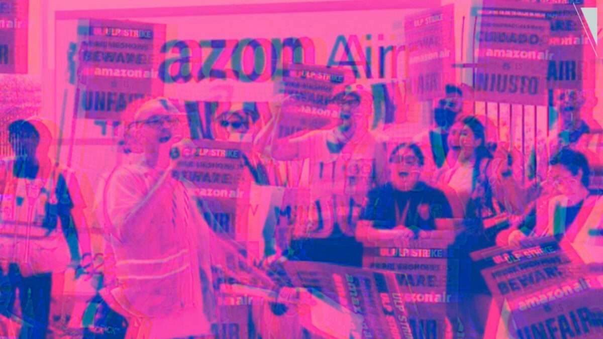 Workers at a rally at Amazon's San Bernardino hub