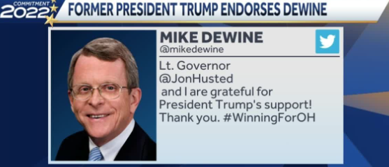 A tweet from Teamster endorsed-Governor DeWine expressed his gratitude for the support of President Trump. Along with a smiling picture of DeWine is the statement: “Lt. Governor @JonHusted and I are grateful for President Trump’s support! Thank you. #WinningFor OH
