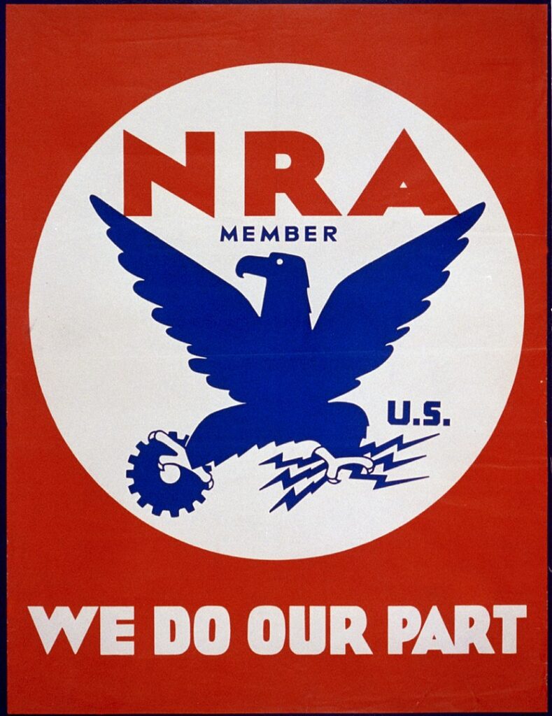 Logo for the National Recovery Act, with the caption; “We do our part” and with an Eagle logo with 3 lightning bolts in one talon (representing electricity) and a singular gear in the other, with the words “NRA member, U.S.”