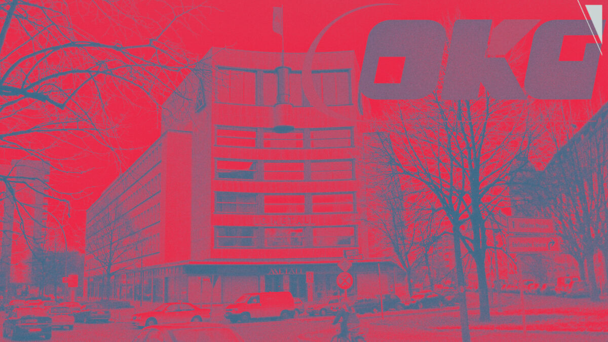 The front of a six-story office building withe the words I.G. Metall over the front door facing a Berlin street.