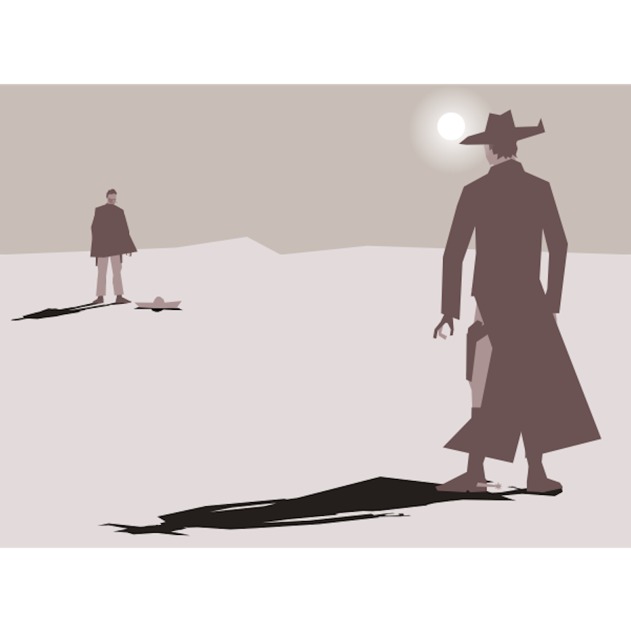 An illustration in black, grey, and white of two gunslingers, in a faceoff in the desert under the sun at high noon.