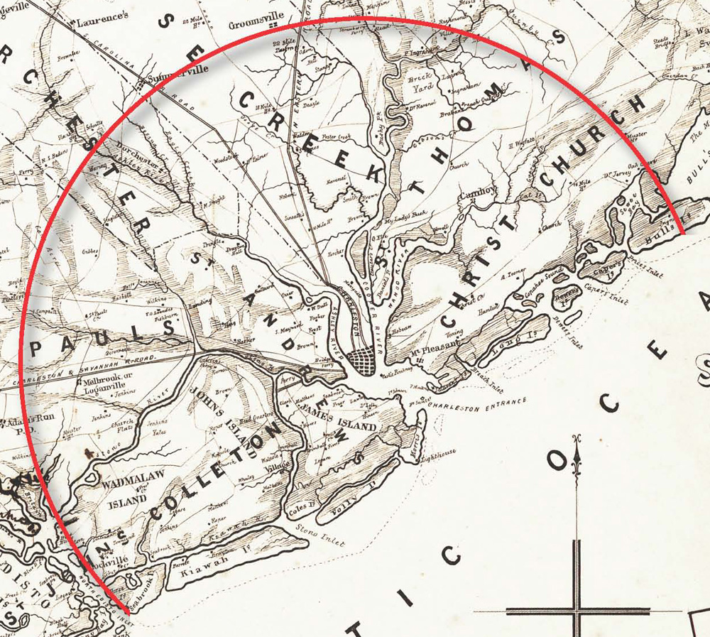 1861 map with Charleston in the center. The red circle encloses areas up to 20 miles away—about one day’s walk to town. The shaded areas are swampy. Digital image from Library of Congress, modified by the author.