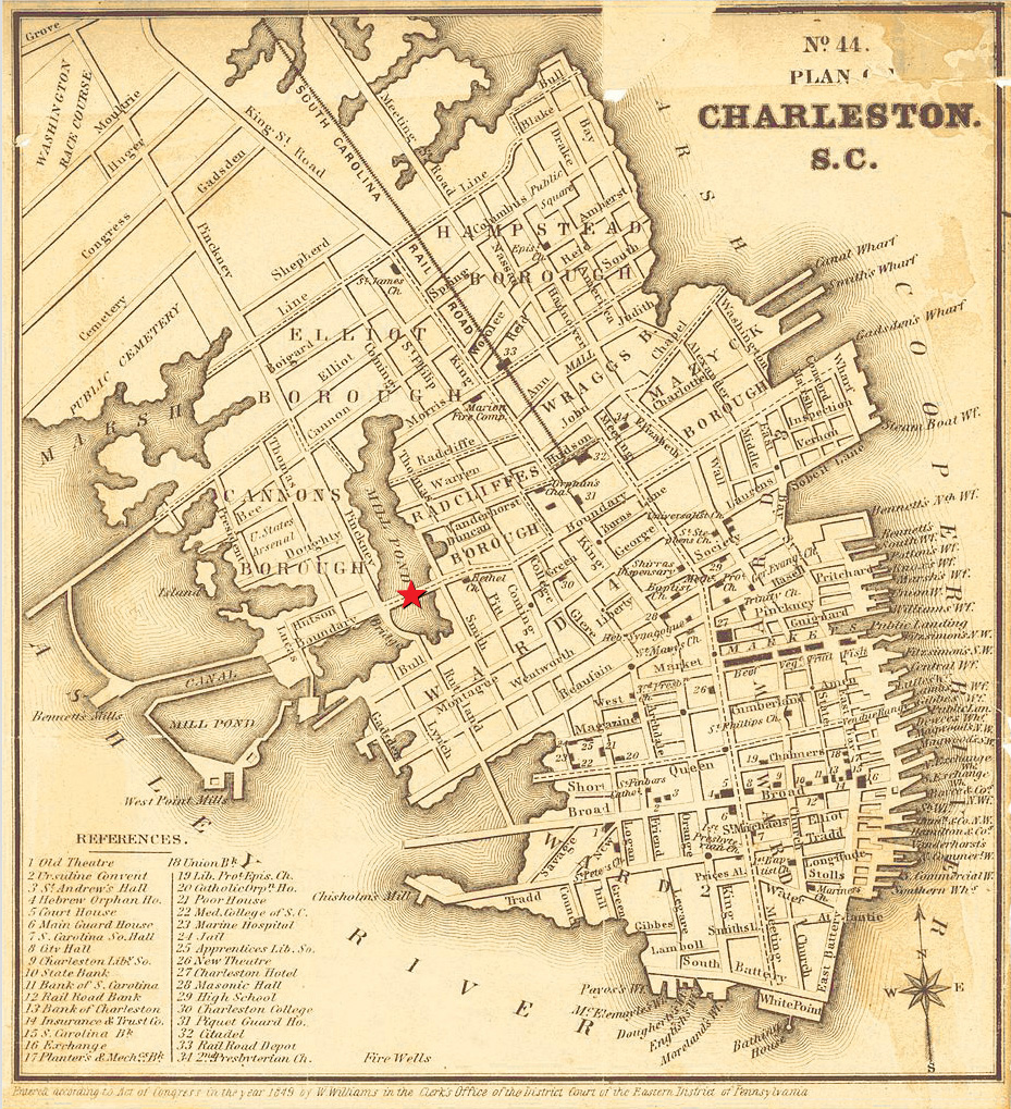 1849 Map of Charleston and part of Charleston Neck showing streets named in the article. Boundary Street is marked with a star. Image by Wellington Williams.