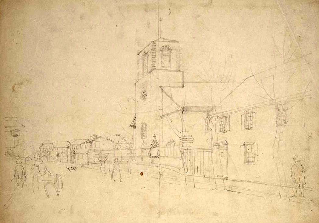 A pencil sketch of a 19th streetfront on yellowing paper. At the center is a church. Several people walk along the street.