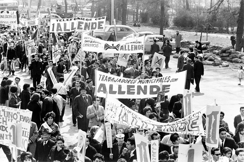 Chilean workers march to support Salvador Allende for president in 1973. Photographer unknown, Library of Congress.