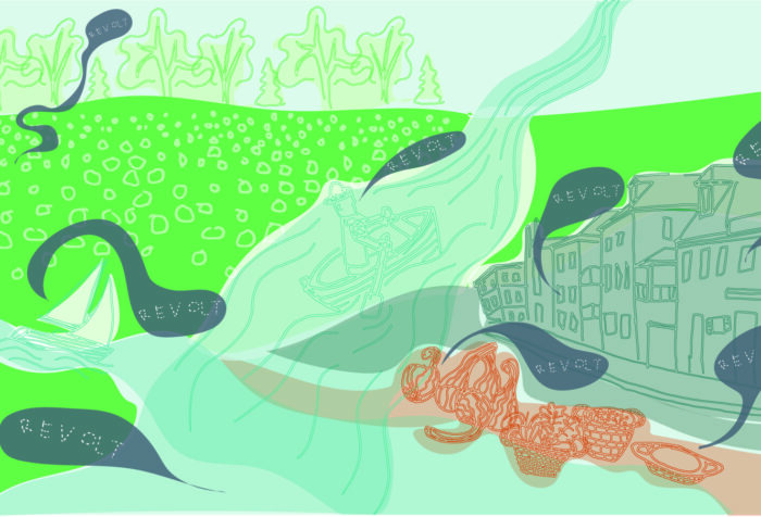 An abstract landscape of greens and blues, a river bisecting fields and town, figures on boat and under water say "revolt" in text bubbles all over the image.