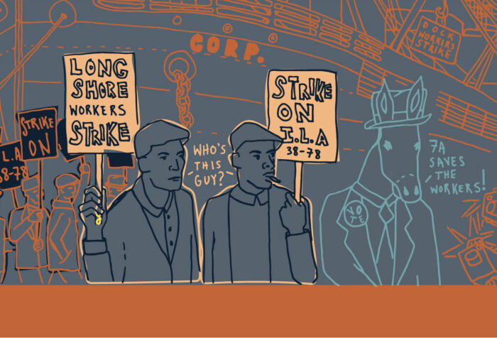 A cartoon image sketch of workers carrying picket signs.