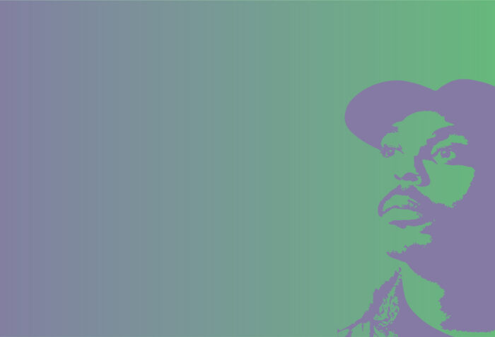 Nzoy, a young Black man, looks contemplative in this portrait. He wears a ball cap. The image is purple on a green background.