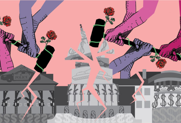 Cartoonish arms and hands holding sledgehammers and roses smash a police station and a military facility.
