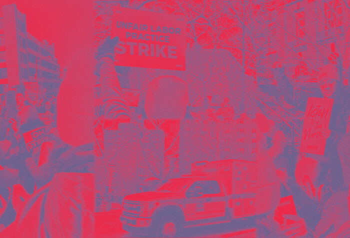 A collage in blue on red of an ambulance and nurses holding picket signs announcing that they are on strike.
