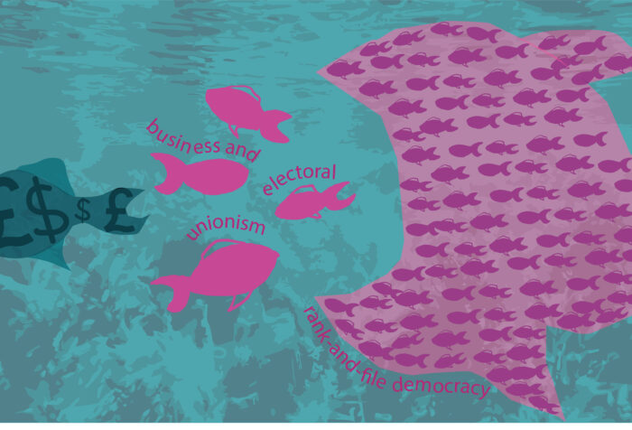 A large pink fish containing a school of small fish labeled rank and file democracy eats fish representing business and electoral unionism and money on blue-green background.
