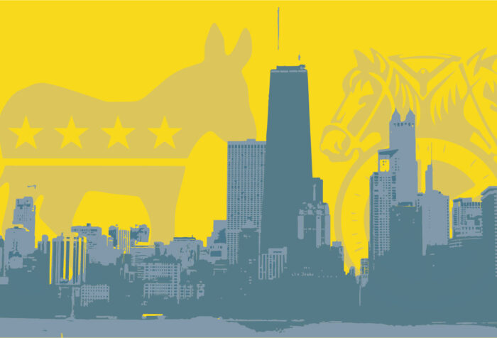 A democratic party donkey and a two-horse emblem of the Teamsters Union are in shadow behind the Chicago skyline in a blue on yellow image.