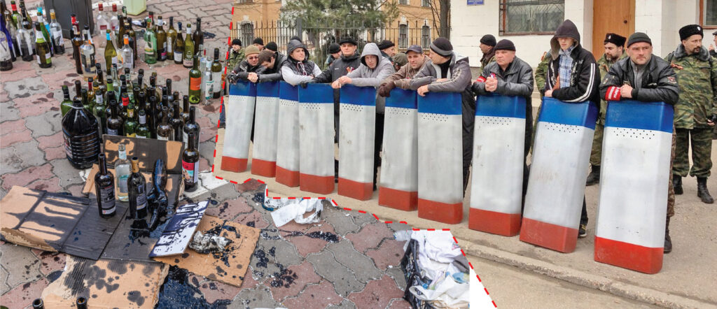 A collage of two images. The left image shows many glass bottles being repurposed into molotov cocktails in a messy way on a brick ground. The right image shows seven people standing on a sidewalk, each holding their own shield painted as the flag of the contested Ukrainian autonomous republic with blue, white and red stripes. The shields are about 4 feet tall. Soldiers stand in the background.