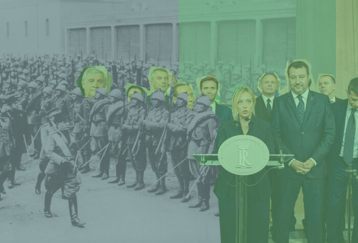 Two images overlap with one another. The left image is a vintage photo of Mussolini, dressed in army ware, inspecting the front of the Italian Saar troops, composed of grenadiers and carabinieri, in Rome on December 19, 1934. On the right, a photo of a press conference of multiple people dressed in suits. At the forefront stands Giorgia Meloni, speaking into a microphone of a press conference stand with an inscription saying ‘Presidenza Della Repubblica - Quirinale.’"