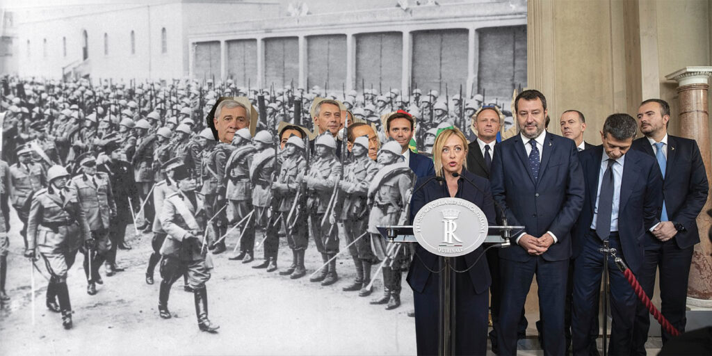 Alt Text for Image: Two images overlap with one another. The left image is a vintage photo of Mussolini, dressed in army ware, inspecting the front of the Italian Saar troops, composed of grenadiers and carabinieri, in Rome on December 19, 1934. On the right, a photo of a press conference of multiple people dressed in suits. At the forefront stands Giorgia Meloni, speaking into a microphone of a press conference stand with an inscription saying ‘Presidenza Della Repubblica - Quirinale.’