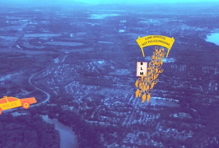 An aerial image of Burlington Vermont with an ink drawing of a police car following a Black Lives Matter March.