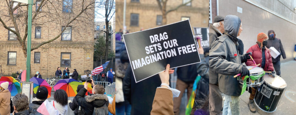 Three photos capture different parts of the Drag Story Hour defense. The left photo shows people standing along the street, holding rainbow-colored umbrellas, the trans flag, and signs, facing the far-right protesters, one of whom is waving a large American flag. The middle image shows a hand holding up a sign that reads ‘DRAG SETS OUR IMAGINATION FREE.’ An N95 mask is hanging around the hand’s wrist. The right image shows two people playing drums.