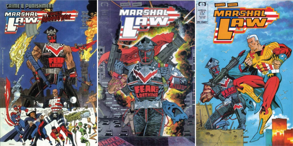 Three comic book covers, each titled ‘MARSHAL LAW’ overlaying a gun outline filled with the American flag. The character Marshal Law dominates every cover, wearing leather pants and shirt that reads ‘FEAR & LOATHING’, a leather face mask with red highlights, and a hat that looks like it has Nazi symbolism. He is carrying comically large guns has very large arm muscles. The left cover includes text that says ‘CRIME $ PUNISHMENT’ and then ‘MARSHAL LAW TAKES MANHATTAN.’ The right cover shows Marshal Law fighting an American patriotic superhero.