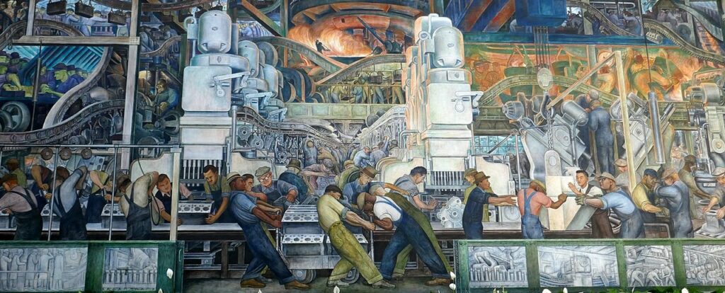 A colorful mural depicts many workers laboring in a highly mechanized and sophisticated factory. All the workers are male-presenting.