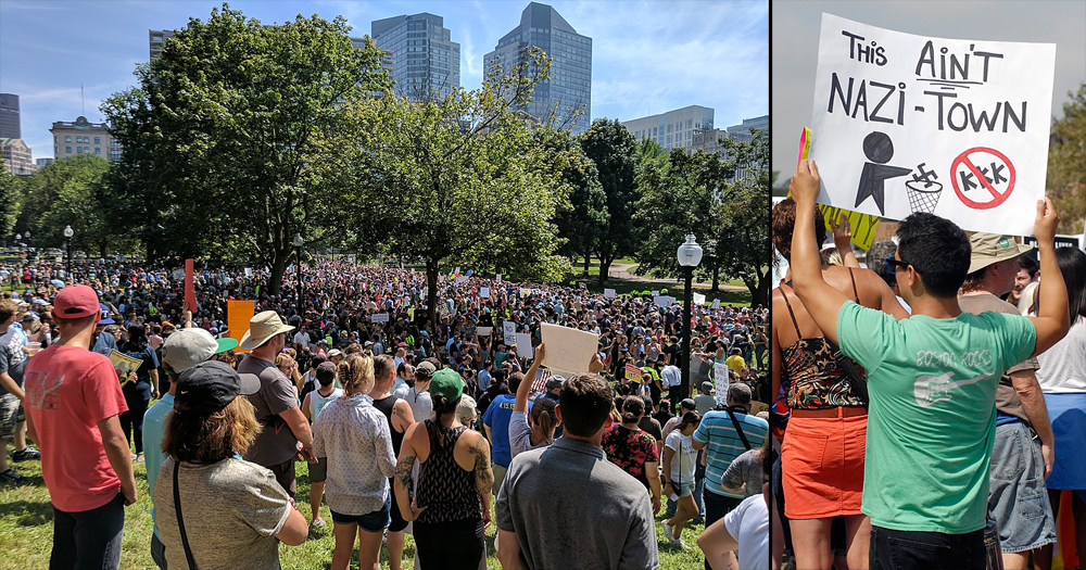 The image on the left is a wide shot of a crowd on a sunny day in a park with large trees. Many are holding signs, but they are not readable because the shot is from behind, looking downhill toward the spot where a small group of fascists was to gather—not visible. The image on the right is a young man wearing a green T shirt that says “Boston rocks.” The shot is from behind, but the hand-decorated sign he holds up is readable. It says, “This AIN’T NAZI-TOWN. Below the lettering is a silhouetted figure tossing a swastika in a trash. Next to that is a “No KKK” symbol; the letters KKK are in black inside a red circle, with a red slash through the letters.