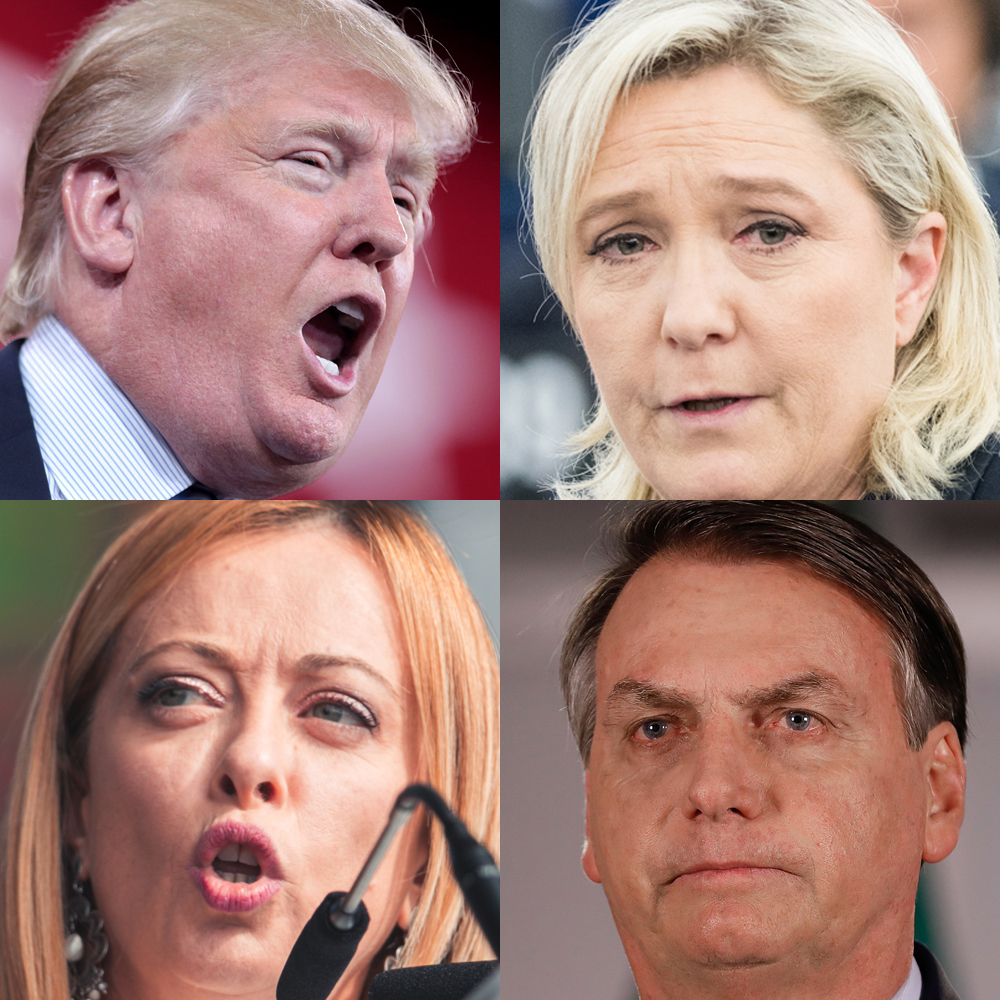 Photos of hard-right politicians Donald Trump, Marine Le Pen, Jair Bolsonaro, and Giorgia Meloni are grouped in a square. They are cropped closely so their faces fill most of the space, and they all look angry or threatening.